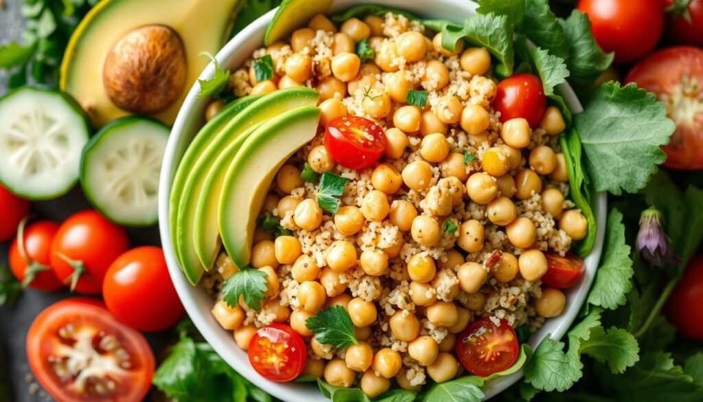 Ensalada de quinoa, garbanzos y aguacate