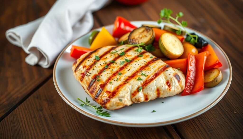 Pollo a la plancha con vegetales asados