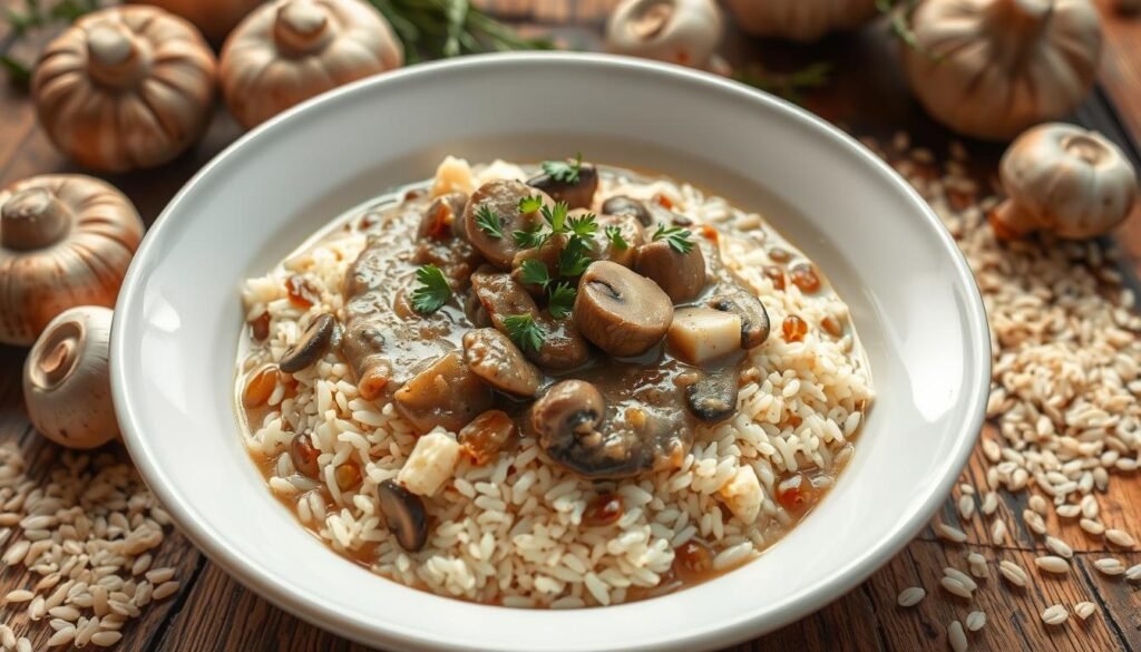 arroz salvaje con sopa de champiñones