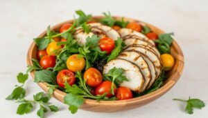 Ensalada de rúcula, tomate cherry y pechuga de pavo