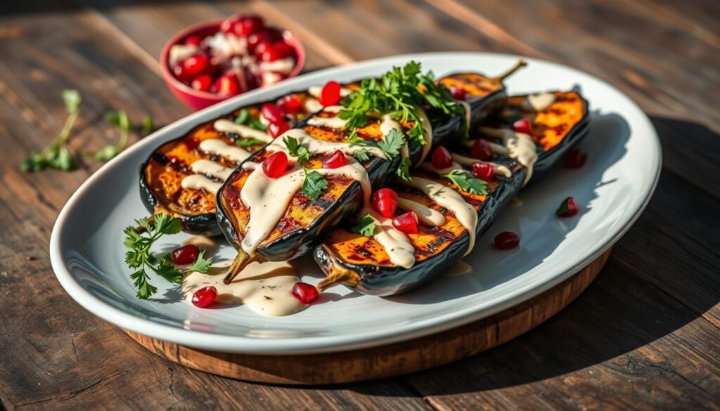 Presentación de platos veganos con berenjenas a la parrilla y tahini