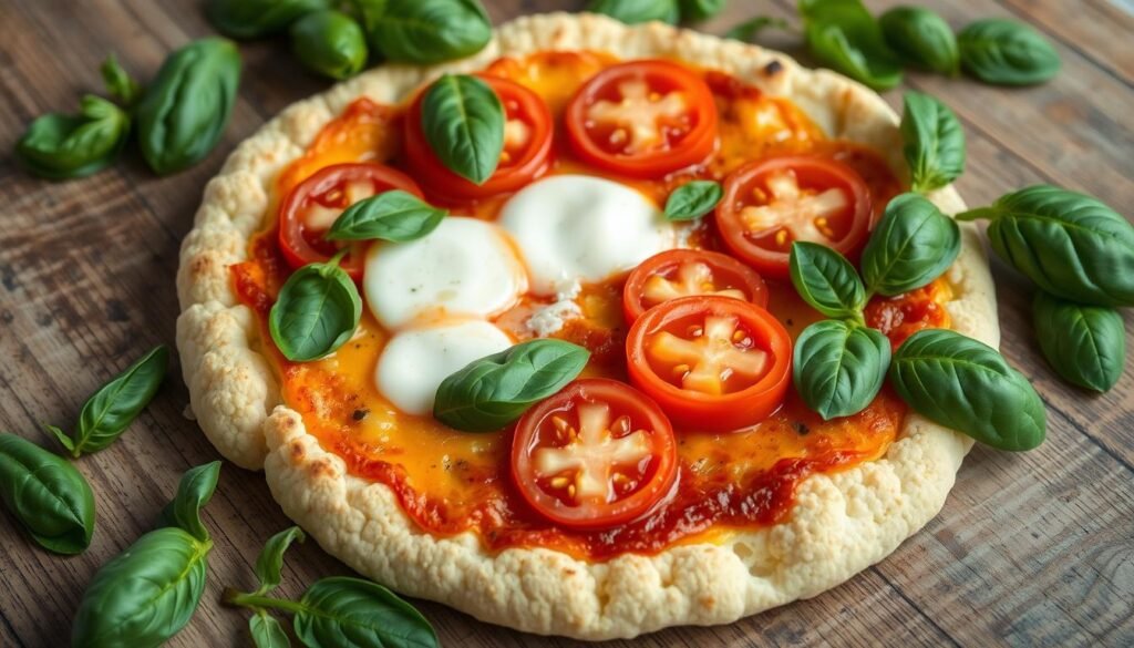 receta de pizza de coliflor con tomate y mozzarella